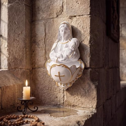 Wall Virgin and Child Holy Water Font for Religious Home Decor