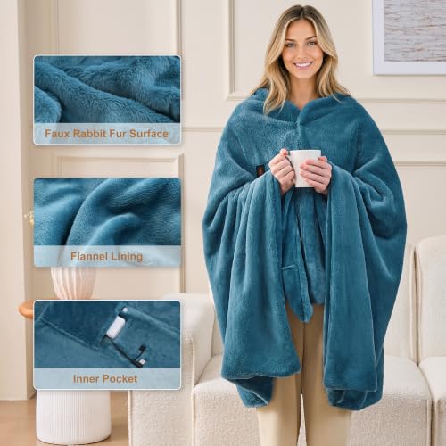 Dusty Blue Heated Faux Rabbit Fur Wearable Blanket with USB & Type-C