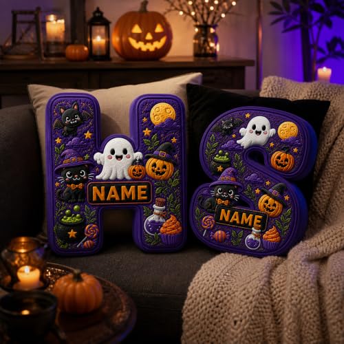 Personalized Halloween Letter Pillow with Custom Name & Initials - Soft Plush Decor