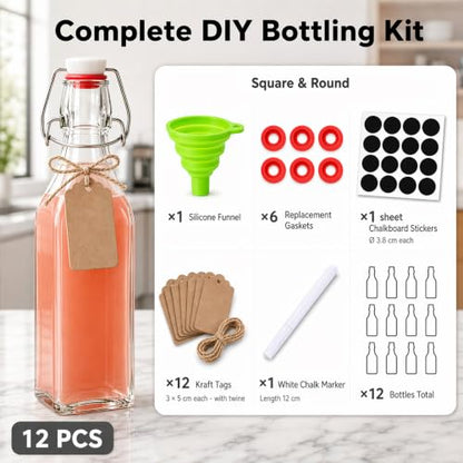 8.5 oz Square Swing Top Glass Bottles - Clear, Pack of 12, Perfect for Home Brewing