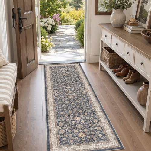 Cotiled 2x6 Washable Non-Slip Vintage Blue Brown Runner Rug - Entry & Hallway