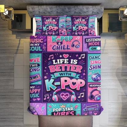 Kpop Music Love Life Better With Kpop Duvet Cover Set Queen Size 90x90 - 3 Piece with Pillowcases