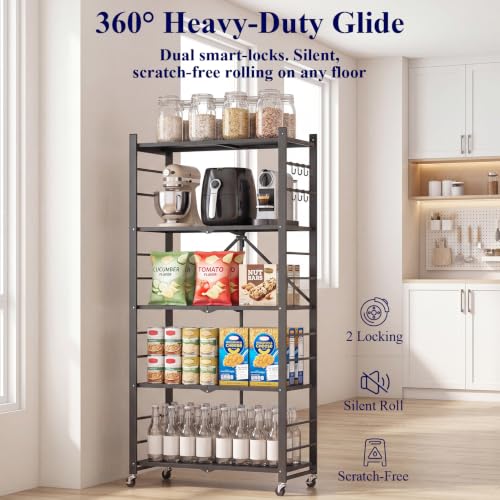 Black 18% Thickened 5-Tier Foldable Storage Shelves with Wheels - Heavy Duty Metal Organizer