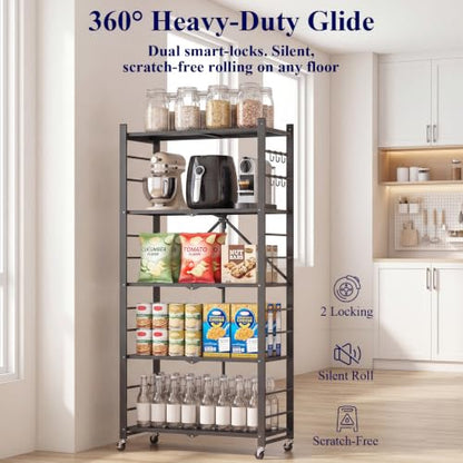 Black 18% Thickened 5-Tier Foldable Storage Shelves with Wheels - Heavy Duty Metal Organizer