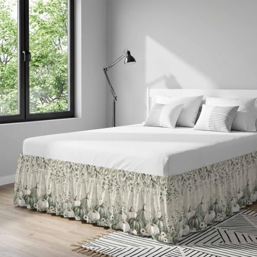 Fall Green Pumpkins Bed Skirt King Size 16 Inch Drop Beige Elastic Dust Ruffle