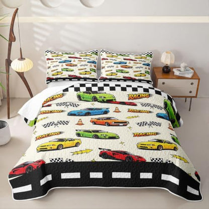 Racing 05 Twin Size Quilted Bedspread Set - Black White Checkered Coverlet with Pillow Sham