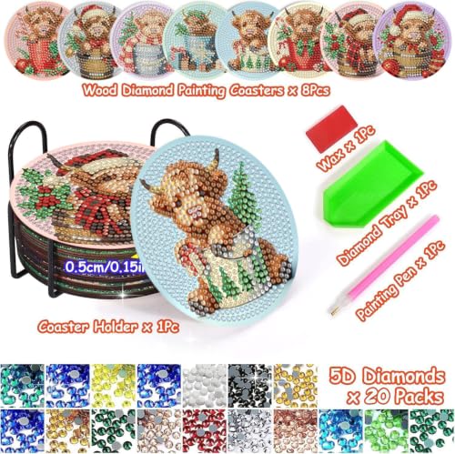 Christmas Cow Diamond Art Coasters Kit - 8 pcs Holiday Drink Protectors with Holder