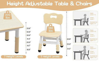 IDEALHOUSE Kids Activity Table with 6 Chairs Set - Natural Finish, Height Adjustable, Safe & Easy to Clean