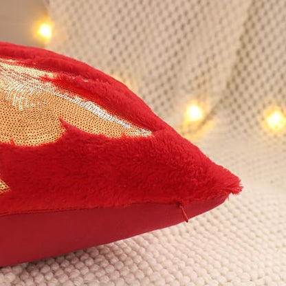 Faux Fur Christmas Pillow Covers 18x18 Set of 2 - Red Xmas Tree & Deer