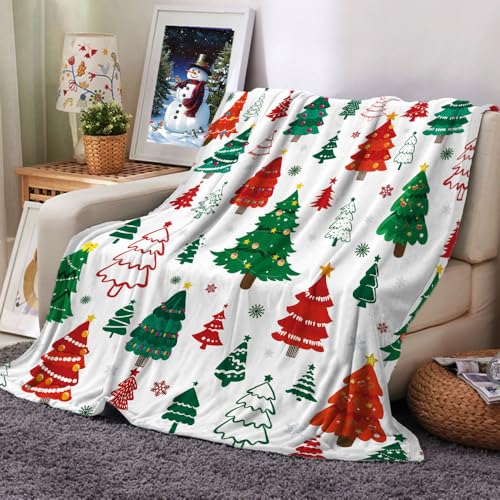Christmas Trees Blanket - Red Green Winter Holiday Throw Blanket 50x60 Inches - Cozy Flannel