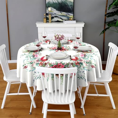 Pink Christmas Round Tablecloth 60 Inch Waterproof Holiday Dinner Cover - Festive Decor