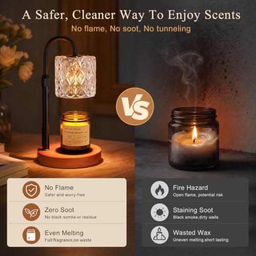 Walnut Candle Warmer Lamp with Timer - Clear Glass Shade, Dimmable & Adjustable Height