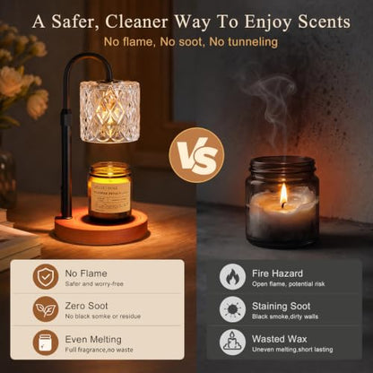 Walnut Candle Warmer Lamp with Timer - Clear Glass Shade, Dimmable & Adjustable Height