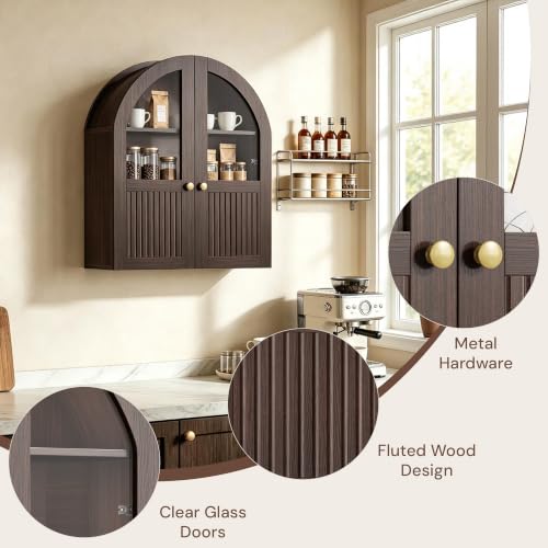 Vividwood Walnut Arched Wall Bathroom Cabinet 24x28 Inch with Glass Door & Adjustable Shelf - 1 Pack