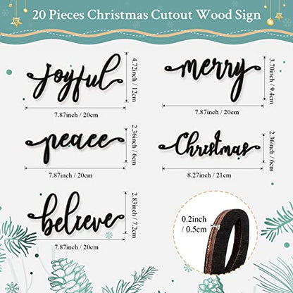 Christmas Wooden Word Sign Ornaments Set - Black, 20 Pieces, Holiday Decor