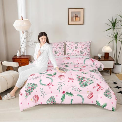 Merry Christmas Kids Comforter Set Twin Green Pink Yellow Xmas Bedding