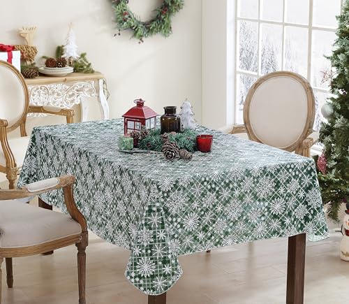 Christmas Green Snowflake Vinyl Tablecloth 60x102 Inch Rectangular Snowfall Variation