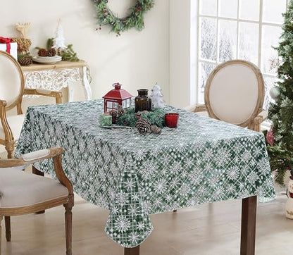 Christmas Green Snowflake Vinyl Tablecloth 60x102 Inch Rectangular Snowfall Variation
