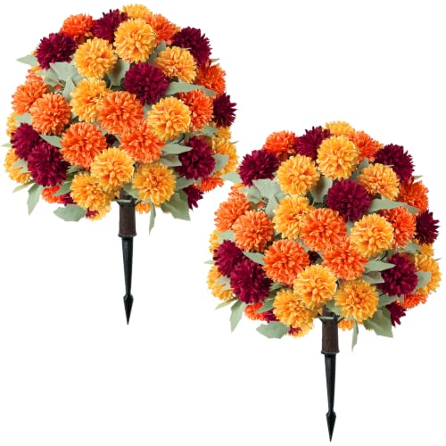 Artificial Fall Flowers Topiary Balls - Fake Mums for Outdoors, Orange, 2 Pack