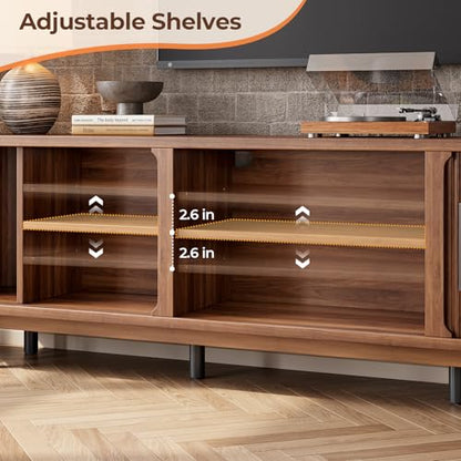 Walnut 70-Inch TV Stand for Up to 75-Inch TVs with Sliding Doors & Cable Management