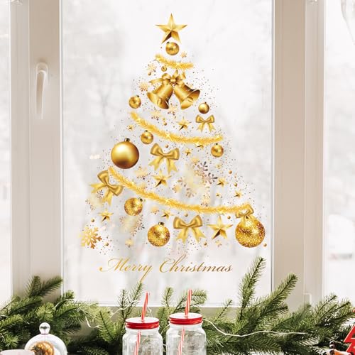 Christmas Window Clings - Golden Christmas Tree Wall Stickers, 2 Sheets, Holiday Decor