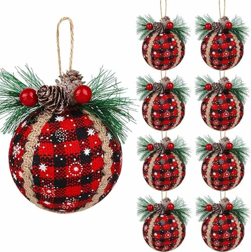9 Pcs Black and Red Plaid Fabric Christmas Tree Ornaments - Holiday Decor