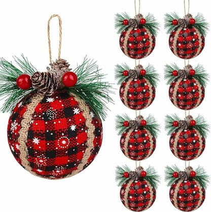 9 Pcs Black and Red Plaid Fabric Christmas Tree Ornaments - Holiday Decor