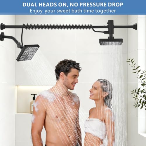 Dual Shower Head for Couples - 6-Inch Rain Shower with Adjustable Slider, Matte Black Square