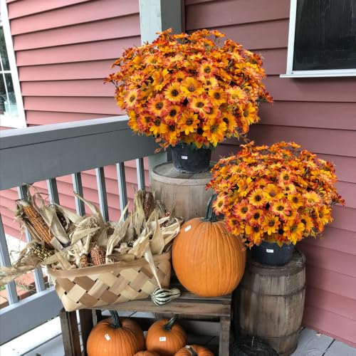 Artificial Mums Flowers for Outdoor & Indoor Decor - Orange Yellow, 12 Bundles