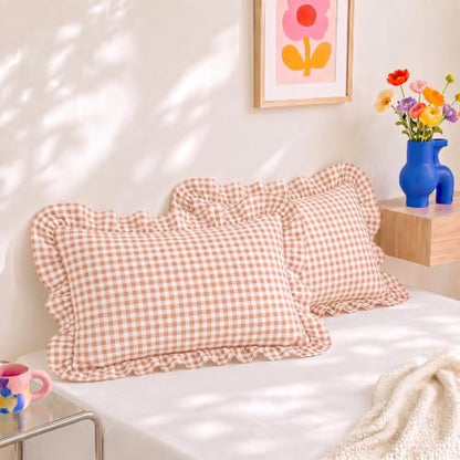Cotton King Size Pillowcases Set of 2 Gingham Peach Ruffled Farmhouse Bedding