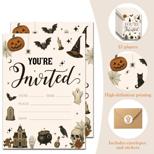 Halloween Invitations Set - Vintage Spooky Party Cards with Envelopes & Stickers, 25 Pack
