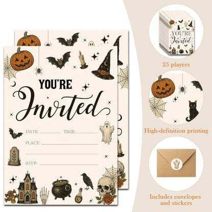 Halloween Invitations Set - Vintage Spooky Party Cards with Envelopes & Stickers, 25 Pack