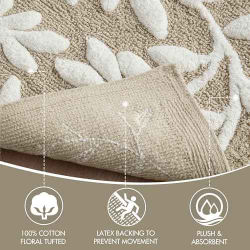 Madison Park Serene 100% Cotton Tufted Bathroom Rug - High & Low Tufting Floral Leaf Design, Quality Luxurious Plush Medium Pile Bath Mat Absorbent, Quick Dry, Shower Room D?cor, 21x34 Taupe