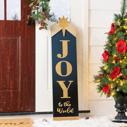 Double-Sided Nativity Porch Sign - 42" Leaning Wood Decor with JOY to the World