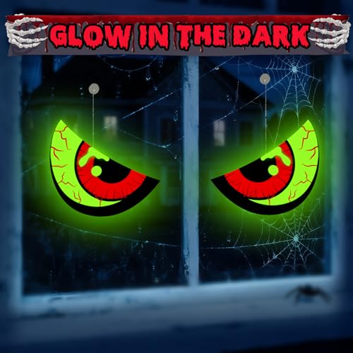 Halloween Window Decorations - Spooky Glowing Eyes, Glow in Dark Indoor & Outdoor, Solar Light-Up Wall & Lawn Decor - Style_A