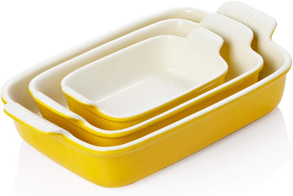 Sweejar Baking Pans Set - Durable Ceramic 9x13 Baking Dish with Handle | 3-Piece Casserole Bakeware Set in Yellow