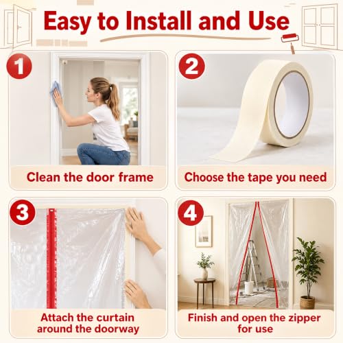 Clear Zipper Door Dust Barrier Kit with Painter's Tape & Double-Side Tape - Reusable