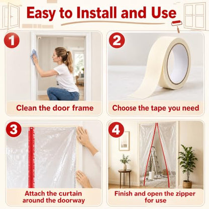 Clear Zipper Door Dust Barrier Kit with Painter's Tape & Double-Side Tape - Reusable