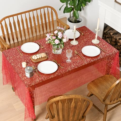 Horaldaily Red Gold Gauze Square Tablecloth 60x60 Inch Home Decor