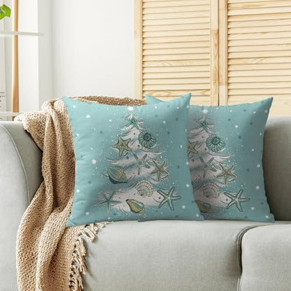 20x20 Aqua Blue Christmas Pillow Covers Set of 2 Coastal Holiday Decor