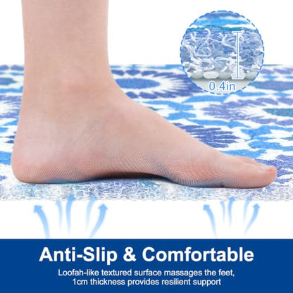 Blue Pattern Square Shower Mat Non Slip 24x24 Inch with Drain Hole - Loofah Surface