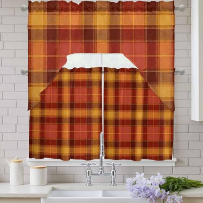 Burgundy & Warm Ochre Plaid Kitchen Curtains Set - 3 Piece Farmhouse Swag & Tier