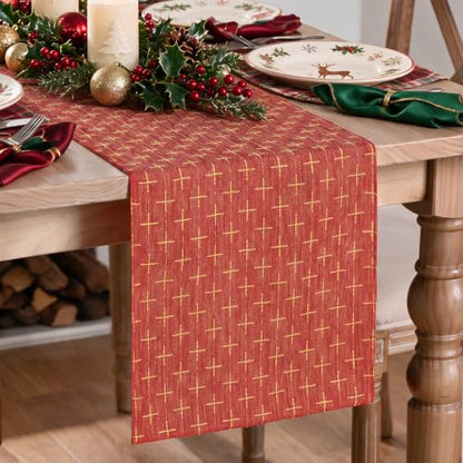 Red Cross-Star Textured Table Runner - Seasonal Christmas Rustic Decor 13x108 Inch