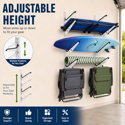 4-Tier Wall Mount Camping Chair & Surfboard Storage Rack for Garage