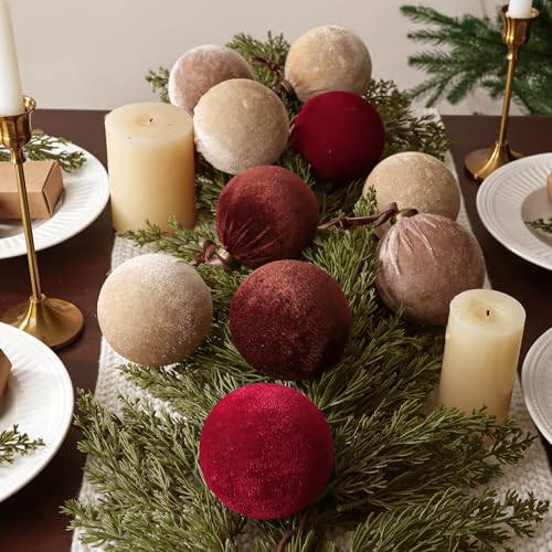 Velvet Christmas Tree Ornaments Set - Large Red, Brown & Beige Holiday Decorations, 16 pcs