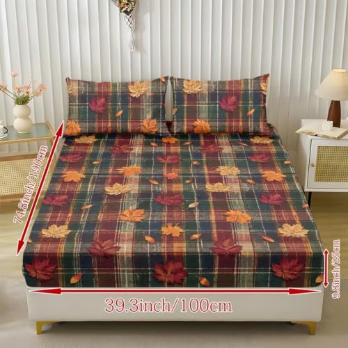 Autumn Plaid Maple Leaf Queen Fitted Sheet Set with Pillowcases - Fall Bedroom Decor