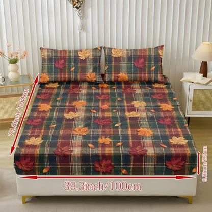 Autumn Plaid Maple Leaf Queen Fitted Sheet Set with Pillowcases - Fall Bedroom Decor