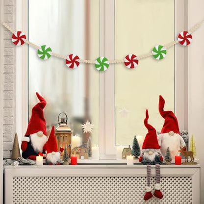 6Ft Candy Christmas Garland - Felt Red & Green Holiday Decor with Peppermint & Wooden Beads - Indoor Mantel & Tree Decoration - Variation: Red Green