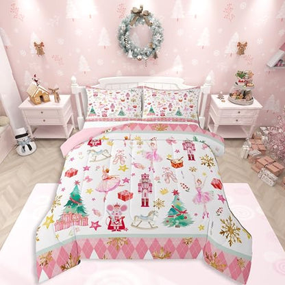 Christmas Comforter Set Queen Size - Ballet Nutcracker Bedding with Gold Pink Green Variation