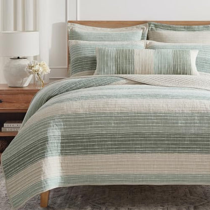 King Quilt Reversible Cotton Sand Stripes Sage Bedding 106x92in - Coastal Style